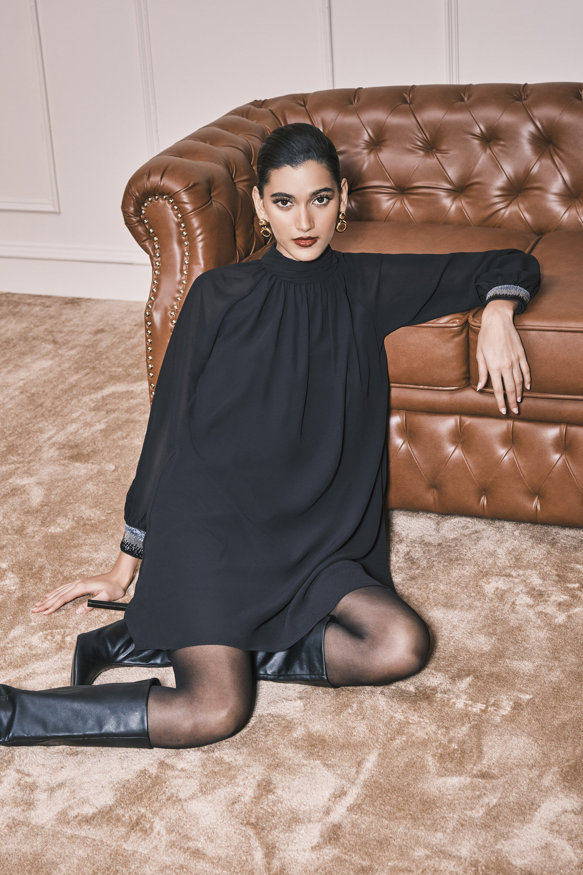 Candelabra Shimmer Georgette Dress, Black, image 2